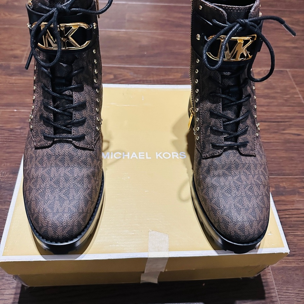 Michael Kors Dark Brown Lace-Up Boots with Gold Details
